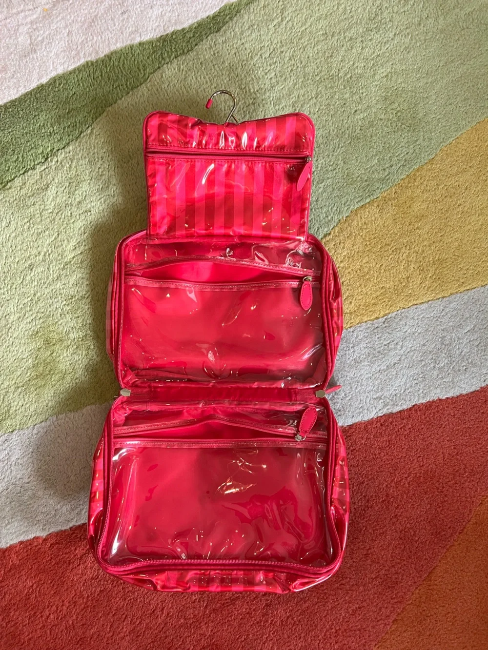 Victoria's Secret Hot Pink Glossy Striped Cosmetic Bag
